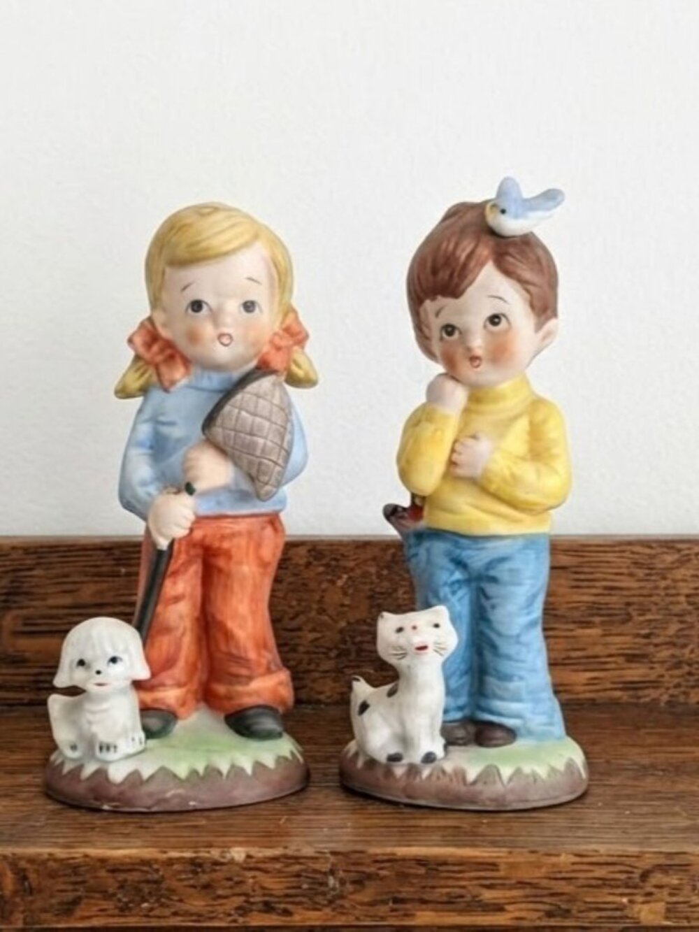 Vintage Bisque Porcelain Children Figurines With Dog & Cat Retro Decor Set of 2